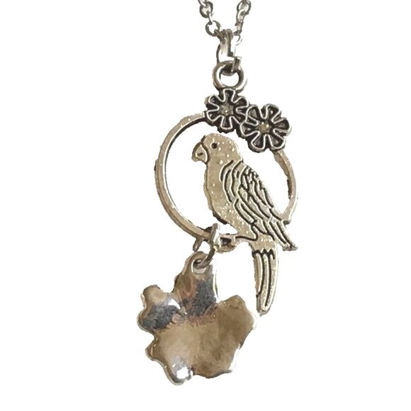 Vintage Parrot Necklace 20" Stainless Steel Chain Silver Tone Island Flowers - Picture 2 of 12